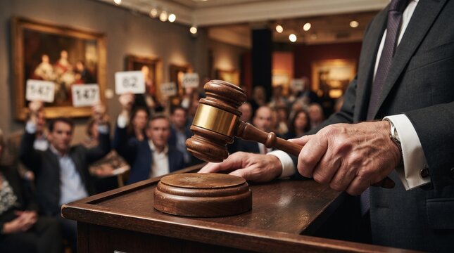 Auctioneer's Gavel: A seasoned auctioneer holds a wooden gavel, poised to strike, amidst a bustling auction room filled with eager bidders holding up paddle signs.