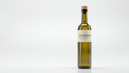Obraz premium Green glass bottle of extra virgin olive oil with cork stopper and cream label against white background