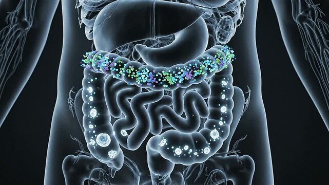 Semi-Transparent Human Abdomen Microbiome Scan Illustrating Gut Health and Microbiota Interaction for Healthcare and Educational Use