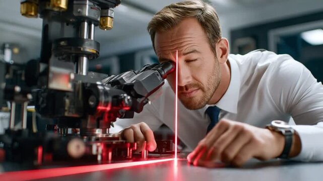 Precision in Practice: A scientist intently examines intricate details using a high-tech microscope, a focused red laser beam illuminating the subject.