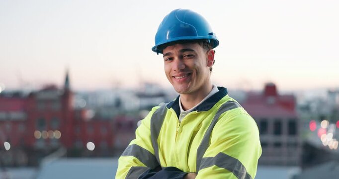 Face, architect and man in city with confidence, pride or professional with safety helmet. About us, smile or civil engineer outdoor with hard hat for ppe, development or arms crossed with bokeh