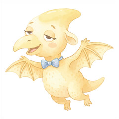 Cute Sleepy Jumping Pterodactyl with Bow Tie in Soft Pastel Yellow Watercolor Style, Flat Vector Illustration Isolated on White Background  © Mae