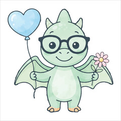 Cute Pterodactyl Holding Balloon and Flower Wearing Nerd Glasses in Soft Pastel Green Watercolor Style, Flat Vector Illustration Isolated on White Background  © Mae