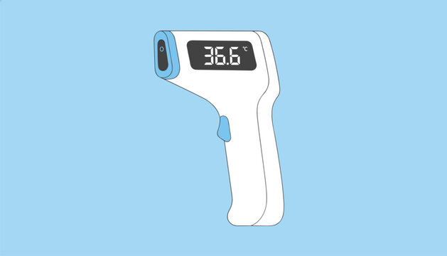 Non-contact infrared thermometer displays thirty-six point six degrees on a soft blue background.