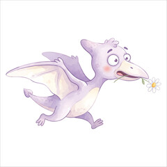 Cute Confused Running Pterodactyl Holding Flower in Soft Pastel Lavender Watercolor Style, Flat Vector Illustration Isolated on White Background  © Mae