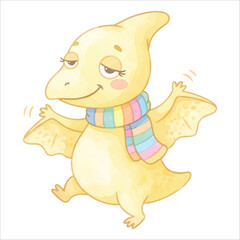 Cute Sleepy Dancing Pterodactyl with Colorful Scarf in Soft Pastel Yellow Watercolor Style, Flat Vector Illustration Isolated on White Background  © Mae