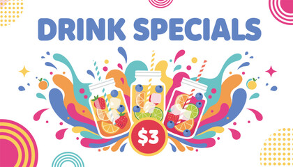 Fototapeta premium Drink specials promotional banner offers delicious fruit cocktails in mason jars for three dollars.