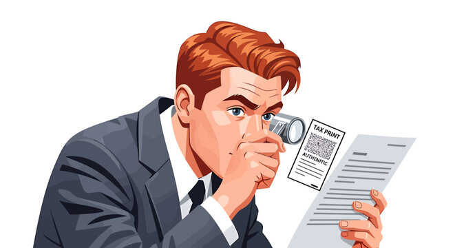 Male Auditor Inspecting Tax Document with Loupe