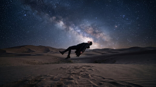 A mesmerizing image of a man levitating horizontally above a dark desert landscape under a breathtaking, star-filled Milky Way night sky