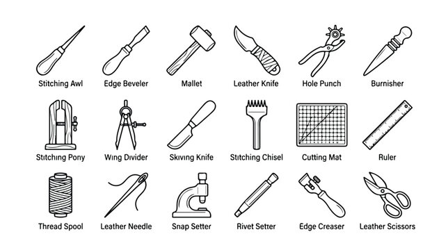 Leatherworking tools icon set, 18 professional leather craft equipment line icons, leathercraft workshop supplies vector illustration isolated PNG with Transparent Background