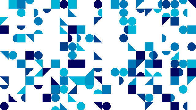 Abstract geometric blue pattern with squares circles and triangles on white background