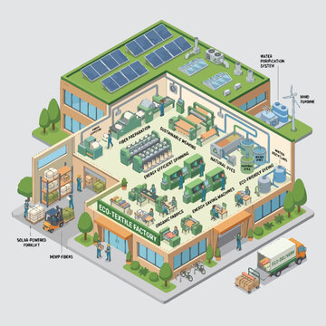 Isometric illustration of a sustainable eco textile factory.