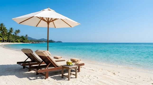 Tropical beach paradise with lounge chairs umbrella and calm turquoise ocean water under clear sky.
