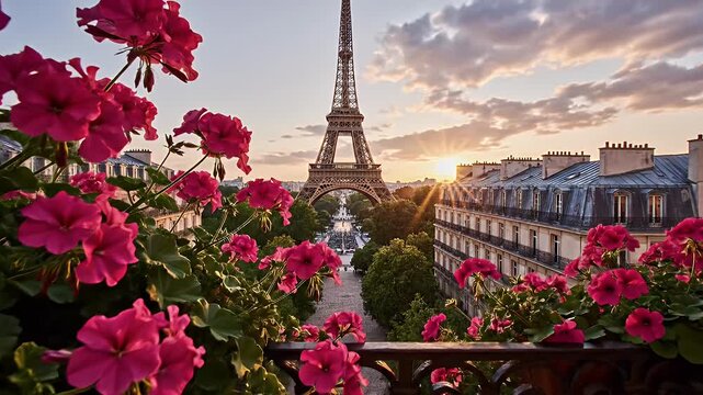 Romantic Paris Balcony Overlooking a Sunset Scene Framed by Vibrant Flowers and the Eiffel Tower
