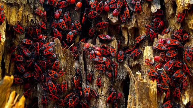 Swarm of red firebugs gathering on aged wood surface