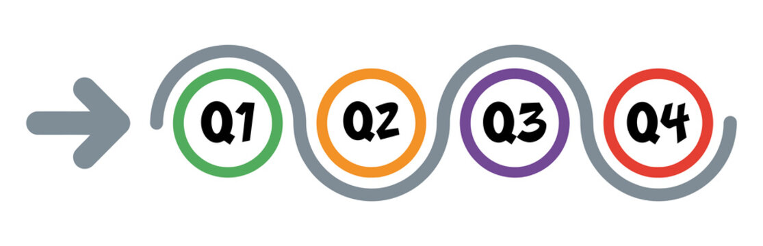 Four quarters timeline diagram with colorful circles and arrow for business project planning Vector