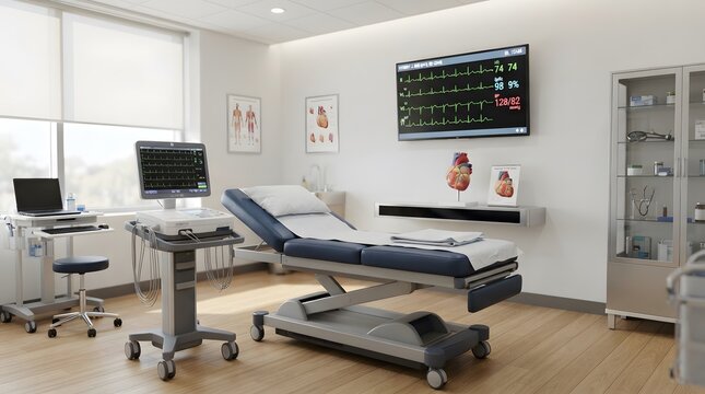 Modern medical examination room with patient bed, monitors, and medical equipment.