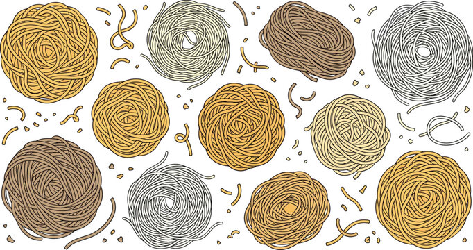 Italian Pasta Nest Vector Set with Egg Whole Wheat and White Noodle Strands for Culinary Cooking Restaurant Menus and Traditional Food Packaging Designs