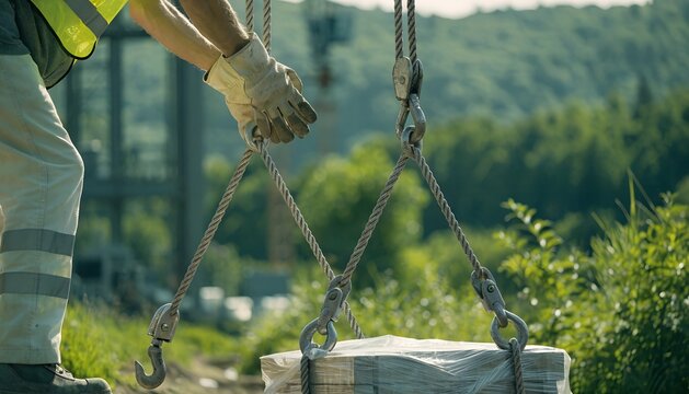 Close-up of lifting slings and safety lanyard equipment used in heavy industrial lifting operations, highlighting safe rigging procedures, construction safety, and engineering practices.