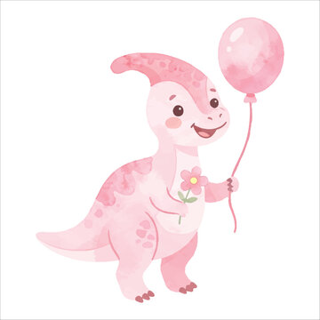 Cute Smiling Parasaurolophus Holding Balloon and Flower in Soft Pastel Pink Watercolor Style, Flat Vector Illustration Isolated on White Background
