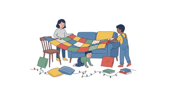 Family creating a cozy fort with a colorful quilt and string lights.