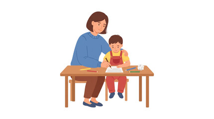 Fototapeta premium Mother helping her child with homework at a wooden desk.