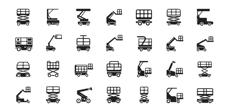 Industrial Lift Equipment Icons Set Featuring Scissor Lifts and Cherry Pickers