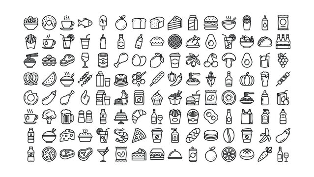 A comprehensive collection of outline vector icons representing a wide variety of delicious food and refreshing drink items in a minimalist line art style for diverse culinary concepts