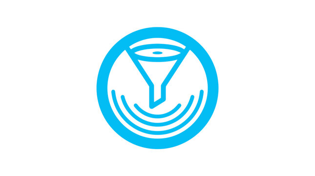 Blue circular funnel icon with radiating signal waves