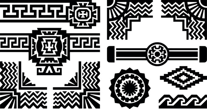 Set of decorative ethnic frames and geometric corner ornaments transparent background
