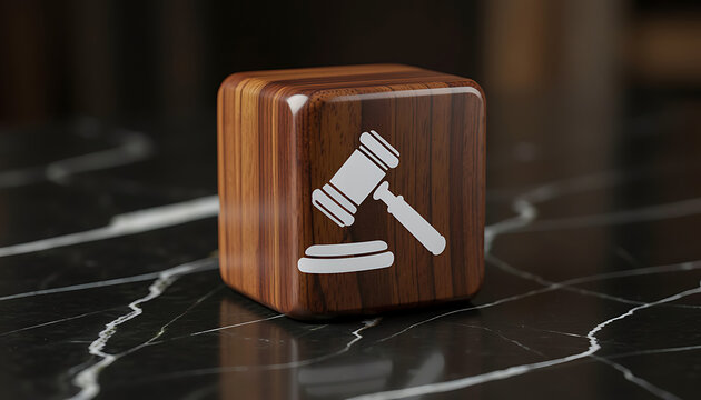 A single polished walnut wooden cube, as seen in "A realistic wooden block cube lighting 
featuring a white gavel icon on its front face rests on a dark marble surface.