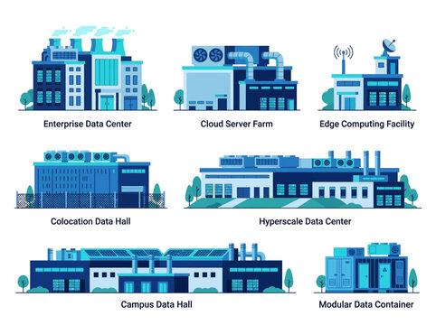 Modern Data Center Infrastructure Illustration with Various Facilities and Technologies