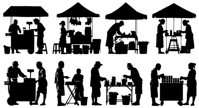Market Stall Silhouettes, Diverse Vendors and Shoppers, Outdoor Commerce Scenes, Vector Collection