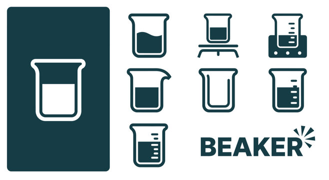 Minimal dark teal beaker icon set featuring various laboratory glassware designs, flat vector SVG style illustrations on white background for science, chemistry, and research projects.
