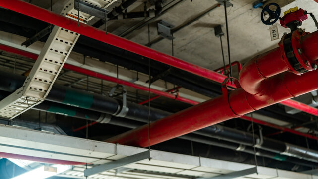 Fire sprinkler system with red water supply pipes installed on a building ceiling. Fire suppression infrastructure, safety engineering, mechanical services and commercial facility protection.