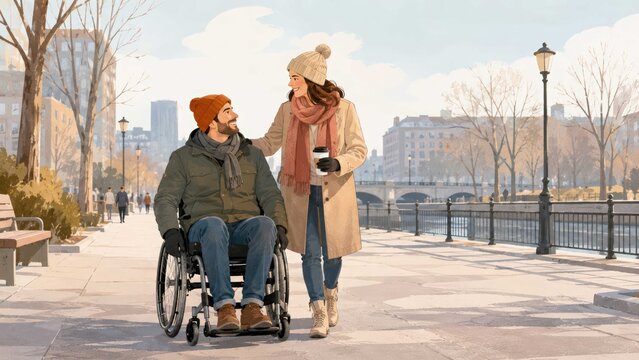 Young woman supporting smiling man in wheelchair during a winter city walk with coffee celebrating inclusion friendship care accessibility and confidence