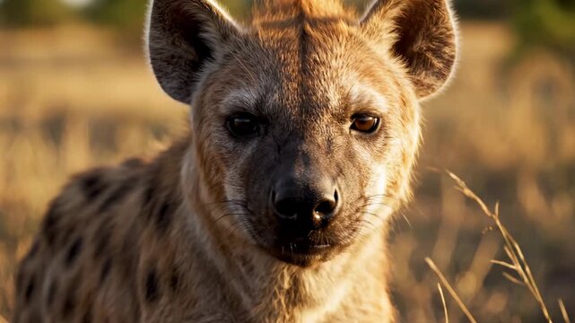 A spotted hyena stands cautiously within the African savanna habitat as the golden sunlight illuminates its rugged face while it observes movements across the dry grassy plains during