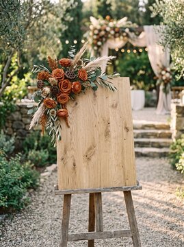 Blank rustic wooden wedding sign decorated with floral arrangements, ideal as a mockup for welcome signs, seating charts or wedding branding.