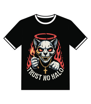 Trust No Halo Demonic Cat Skull T Shirt Design with Flames and Cross
