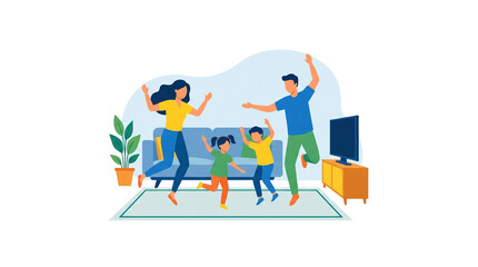 Fototapeta premium Happy family jumping and dancing together in their living room.