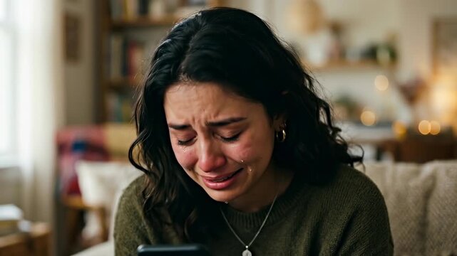 A young woman is overcome with grief, her face etched with sorrow and tears streaming down her cheeks as she looks at her phone.