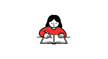 Fototapeta premium Young girl writing in an open notebook at a desk