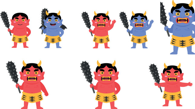 Cute Cartoon Japanese Oni Demon Character Vector Set with Red and Blue Ogre Figures Holding Iron Clubs for Setsubun Festival Designs