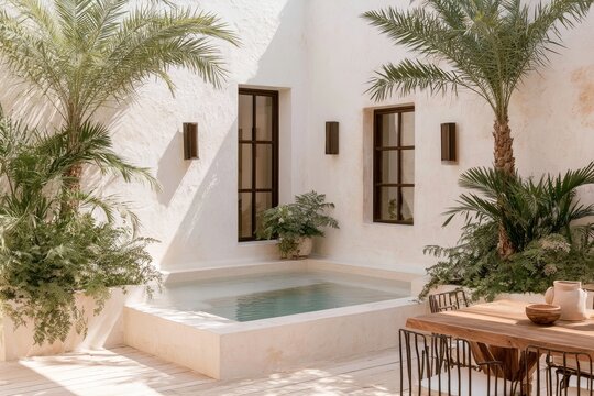 Mediterranean courtyard featuring a small rectangular pool surrounded by lush greenery and a wooden dining table with chairs, creating a serene outdoor space