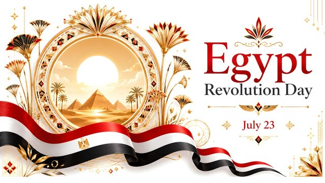 Egypt Revolution Day celebration banner with luxury golden ancient egyptian frame Giza pyramids sunrise and waving Egyptian tricolor ribbon flag vector illustration isolated on white background