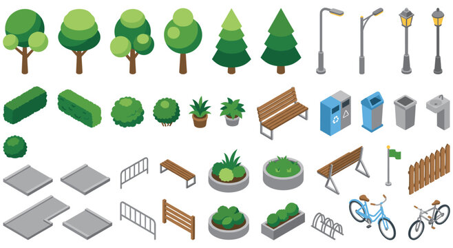 Isometric park and street furniture icons set for urban environment.