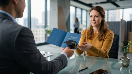 Obraz premium Banker hands education savings plan to young woman in office