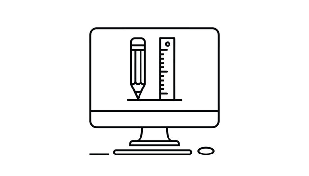 Digital design concept vector line icon showing a computer monitor with a pencil and ruler graphic displayed on the screen.