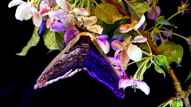 Emperor moth perched on blooming apple blossom branch