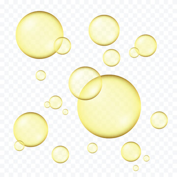 Golden bubbles floating on a transparent background realistic vector illustration for design projects